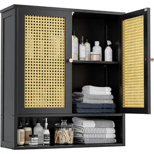Bathroom Wall Cabinet,  Over-The-Toilet Storage Organizer with 2 Rattan Doors and Adjustable Shelf, Space Saver  Cabinet for Laundry, Kitchen, Living Room (Black)