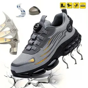 Men's Grey Steel Toe Safety Shoes Puncture Proof Smash Proof Magnetic Closure Breathable Mesh Anti-Slip Sole Striped Pattern Outdoor Work Footwear