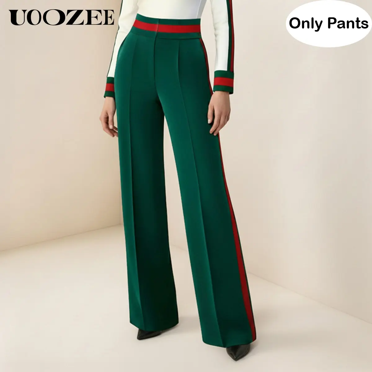 UOOZEE Women's High-Waist Contrast Color Striped Lightweight Pleated Flared Wide-Leg Bottom Pants - Emerald Polyester-Spandex Fabric, Pockets, Foldable, Hook and Eye, Casual-Formal Style (Sizing Runs Large; Check Size Guide-Order Smaller)