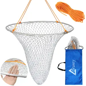 Drasry Foldable Bridge and Pier Fishing Net High Load-Bearing Aluminum Ring Drop Net for Saltwater and Freshwater with 49.2 FT Rope Fathersdaygift Nylon Mesh