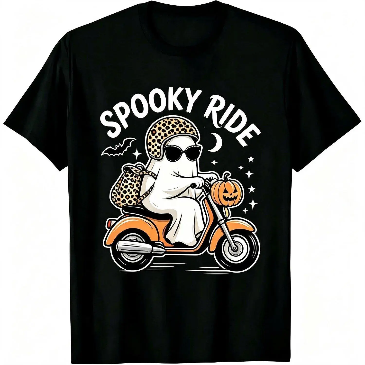 Fun Spooky Season Printed T Shirt Leopard Helmet Ghost Riding Scooter With Pumpkin Bat Moon Halloween Casual Short Sleeve Top