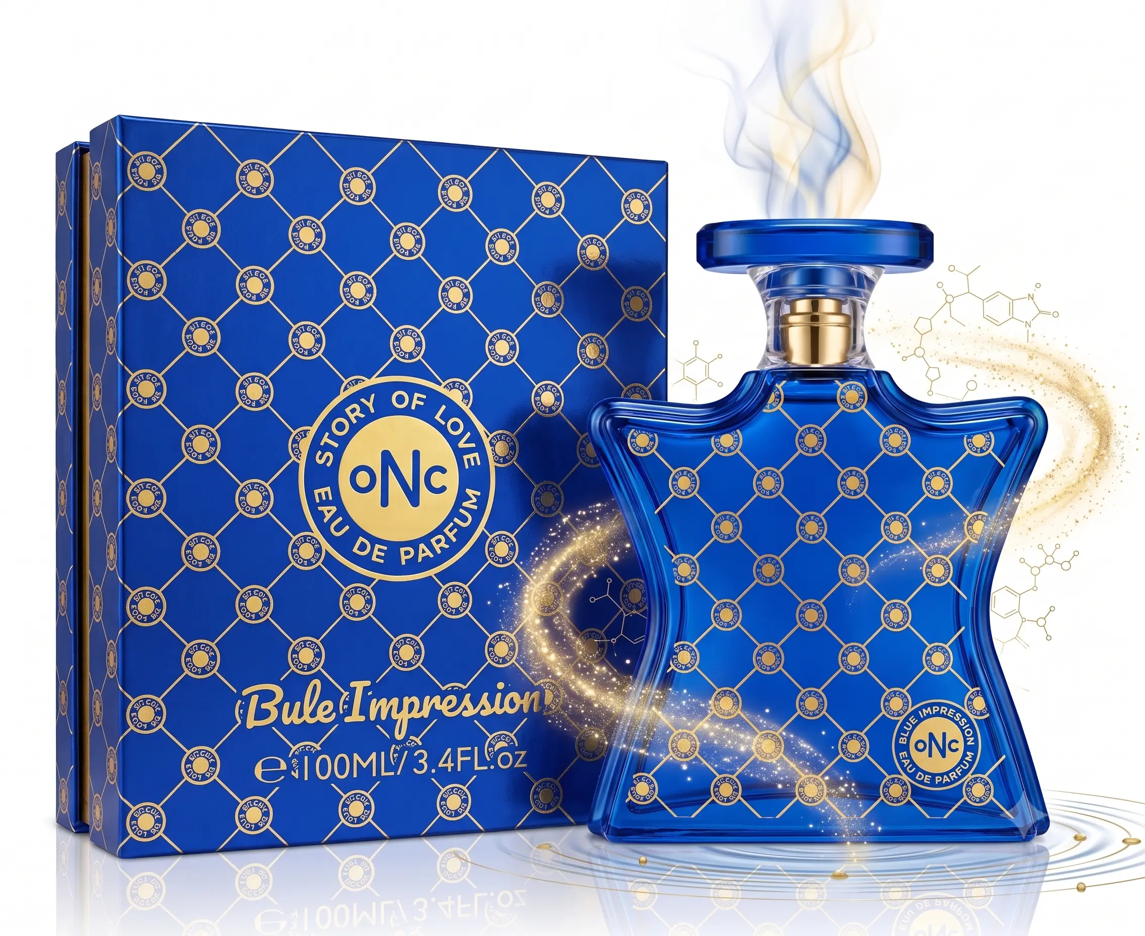 Blue Impression Perfume 100ml - Long Lasting Floral Fragrance, Luxury Blue Gold Pattern Bottle EDP for Women, Elegant Gift 3.4oz