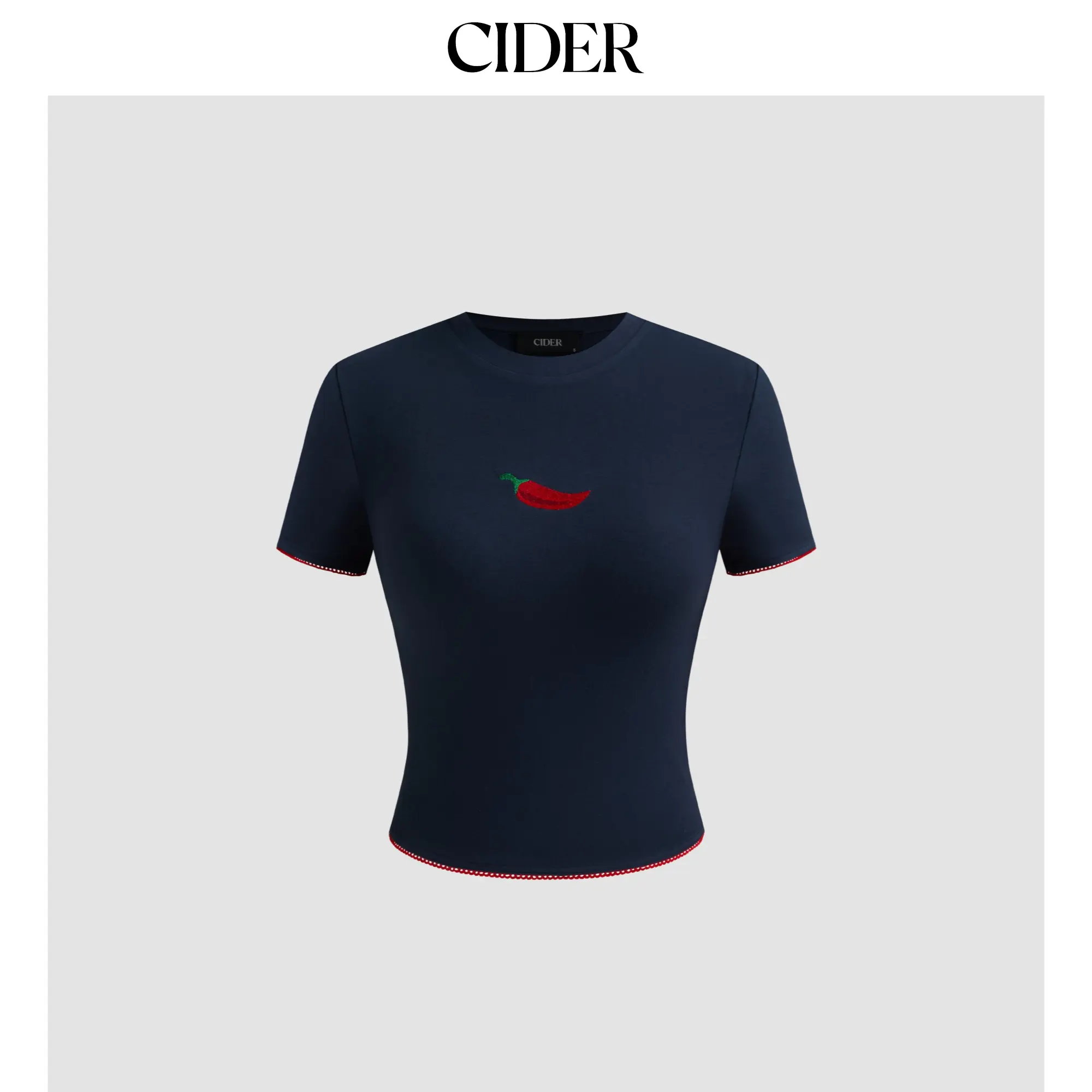 Cider [size 0-26] Round Neckline Pepper Embroidery Contrasting Binding Short Sleeve Tee