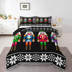 Feelyou Nutcracker Pattern Comforter Set - Scandinavian Style Bedding Design with Colorful Snowflakes, Festive Retro Christmas Bedding Set