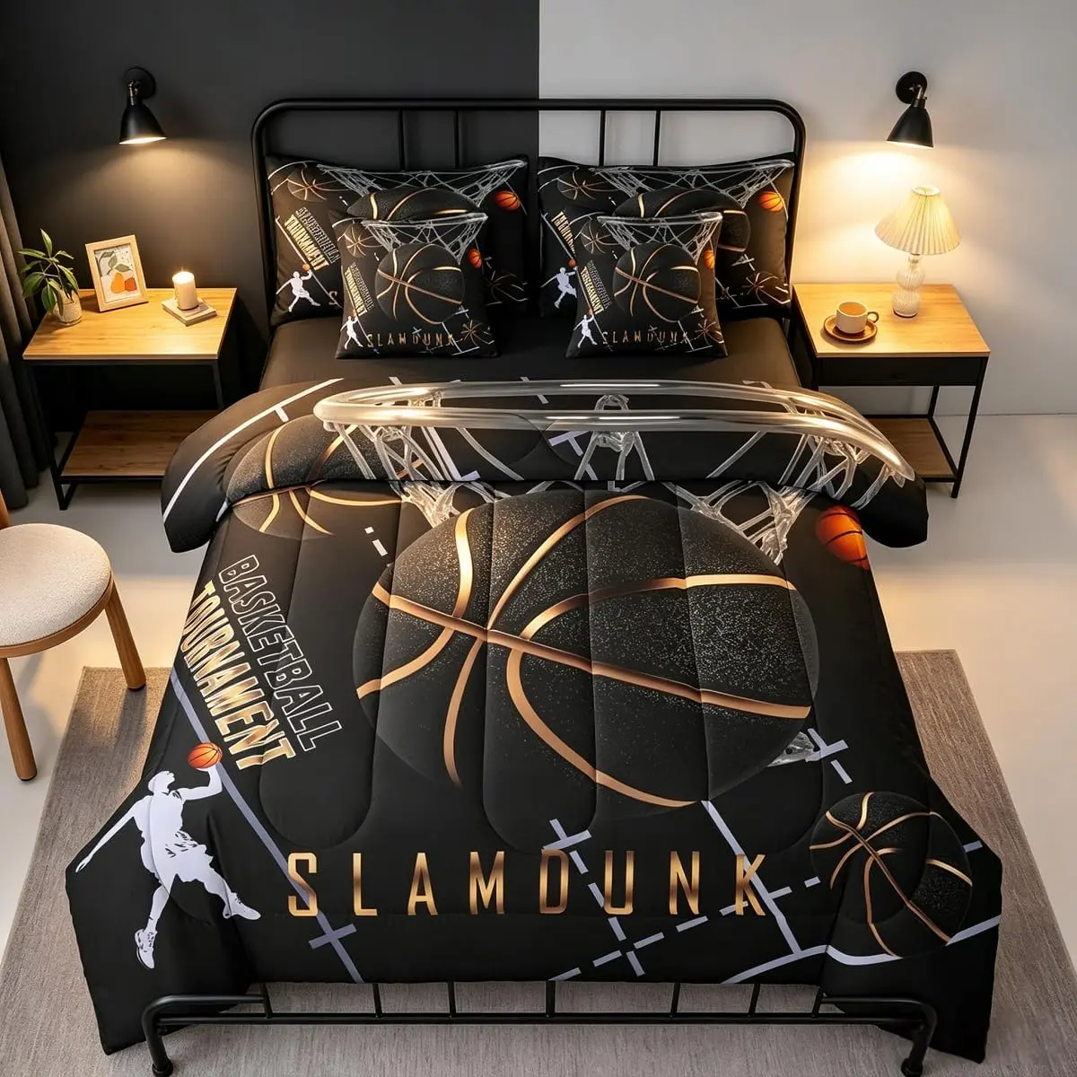 Basketball Court Bedding Sets 7 Piece,Basketball Comforter Set for Men Bedroom Decor,Sportsman Slam Dunk Bed in A Bag Sports Games Sheet Set with Comforter