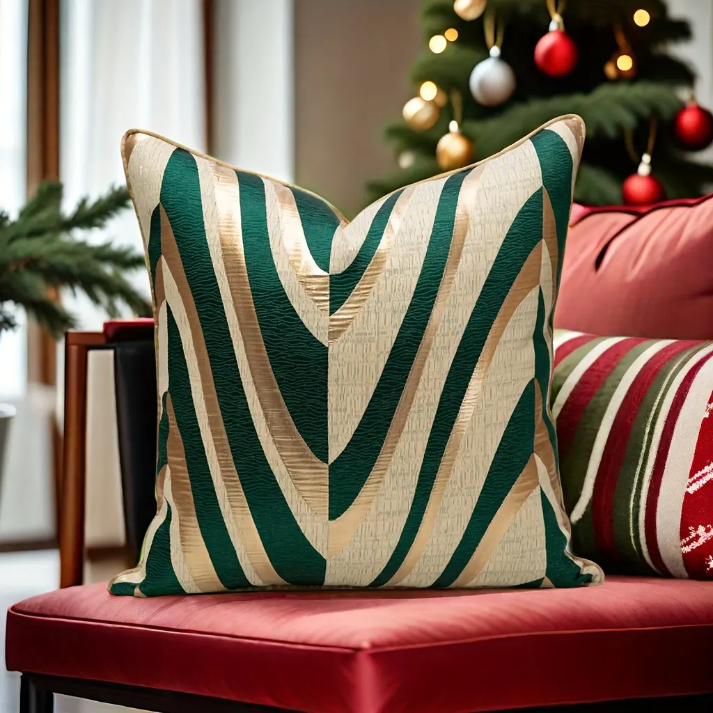 Luxury Emerald Green-Gold Jacquard Pillow Cover - Square Shape, Front Pattern (Design Pattern Only on Front Side), 1-Piece Indoor/Outdoor Cushion Slipcover for Couch, Sofa | Household Textiles Accessory, One-Piece
