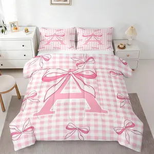 2/3pcs Pink Gingham Bow A-Z Comforter Set, Preppy Girly Style Bedding Set with Pillowcases, Soft Lightweight Quilt, Perfect For Teen Girls Bedroom, Dorm, Apartment Decor,All Season
