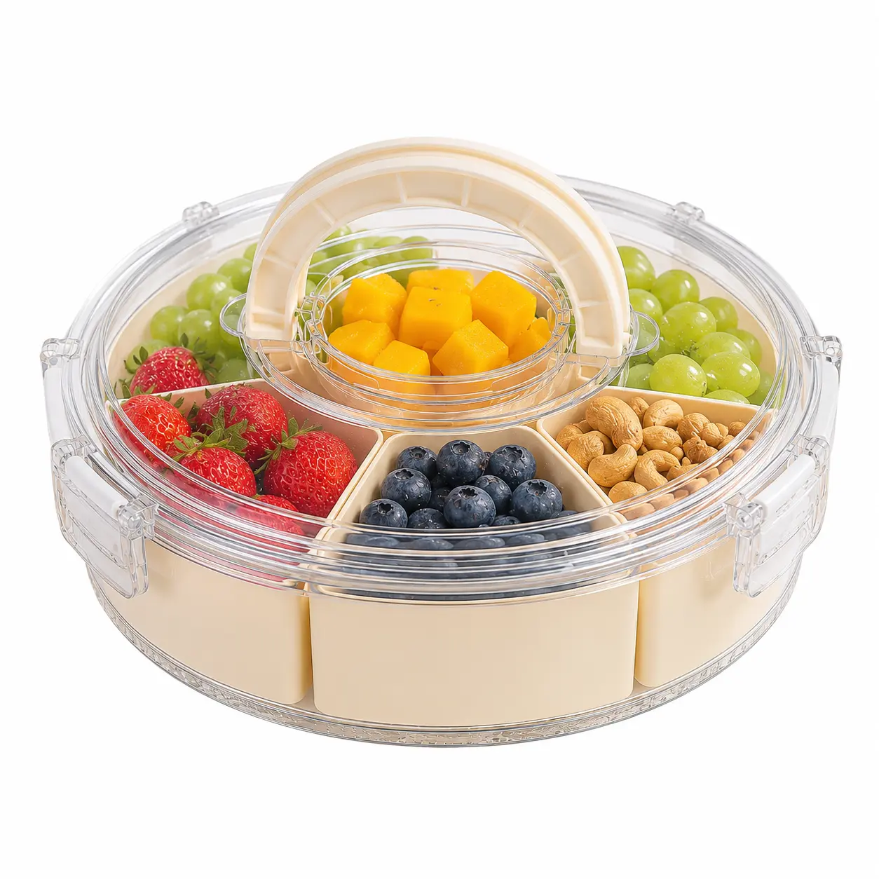 12" Dia. BPA-Free 6-Compartment Sturdy Snack Organizer Box, Multifunctional Preserving Box with Airtight Lid, Handle, Smooth Rotatable Base - Portable Leak-Proof Kitchen Container for Beach, Dinner Party - Hostess Gift
