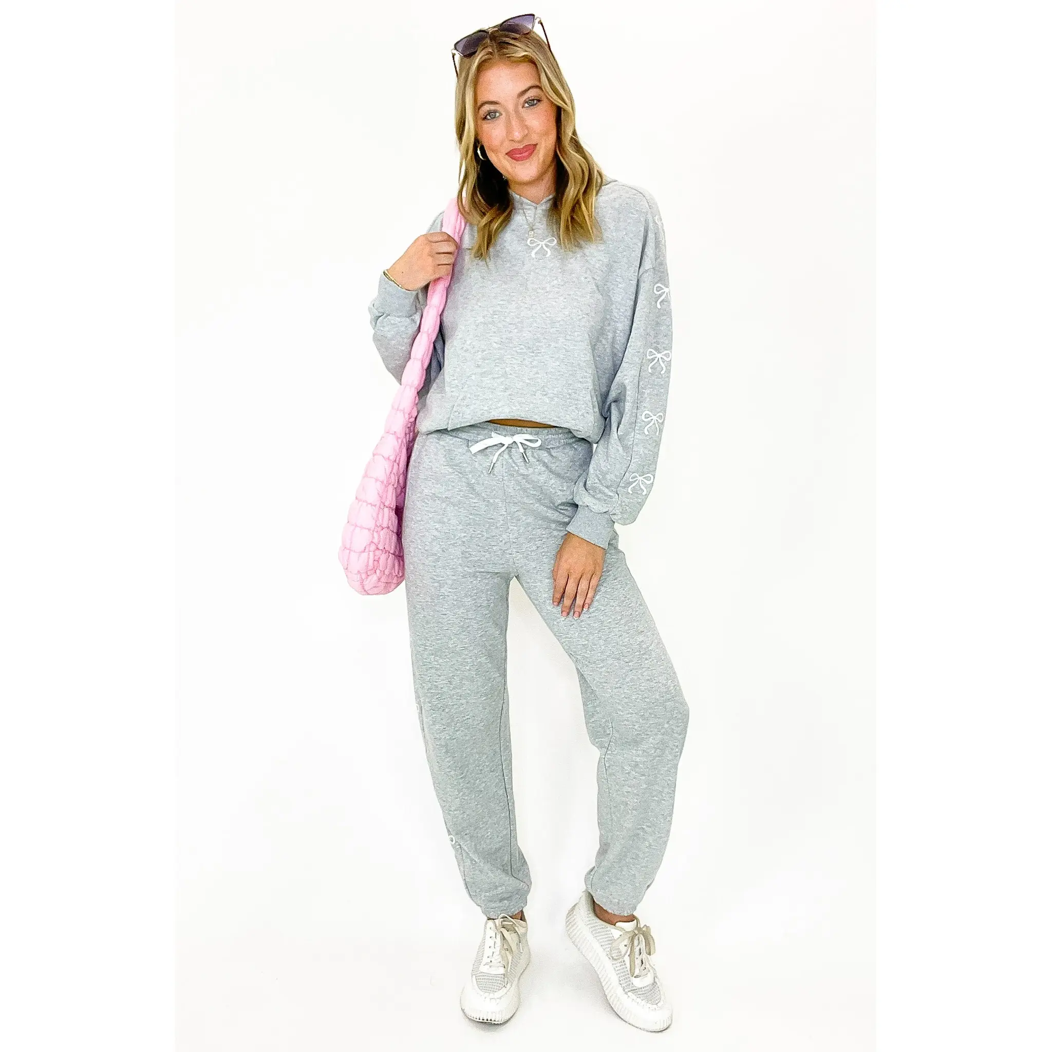 Coquette Comfort Bow Embroidered Hooded Sweatshirt and Jogger Set - FINAL SALE