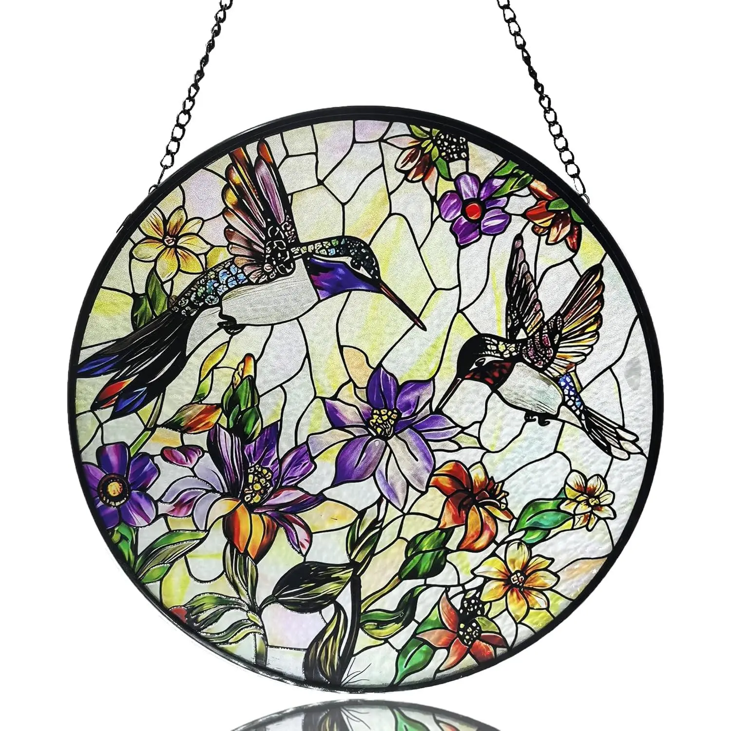 Hummingbird Sun Catcher Stained Glass Window Hanging - Wildflower and Bird Suncatchers for Windows Stained Glass Suncatcher,7.9 inch