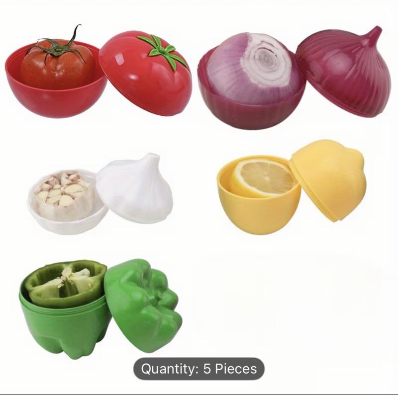 5 Transparent Storage Boxes Shaped Like Fruits And Vegetables - Durable Plastic Containers for Keeping Lemons, Bell Peppers, Tomatoes, Onions, And Garlic Fresh in The Fridge And Freezer - Space-Saving Kitchen Organizers with Easy-Access Lids