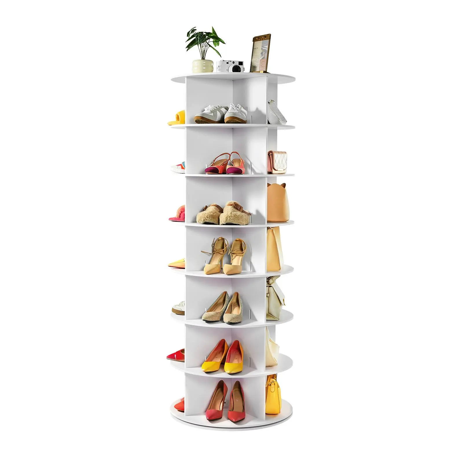 VEVOR 7-Tier 360° Rotating Shoe Rack Organizer - Minimalist Freestanding Lazy Susan with PVC Panels, Plug-In Function, Reinforced Base, Holds 28 Pairs of Shoes, Space Saving Furniture for Bedroom, Small Room Ideas
