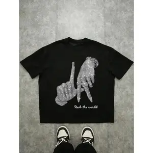 Men's Rock The World gesture graphic T-shirt, shiny rhinestone print hip-hop T-shirt, oversized casual streetwear top, summer casual fashion top, loose fit cropped T-shirt, street trend, subculture style, holiday gift, same style for men and women