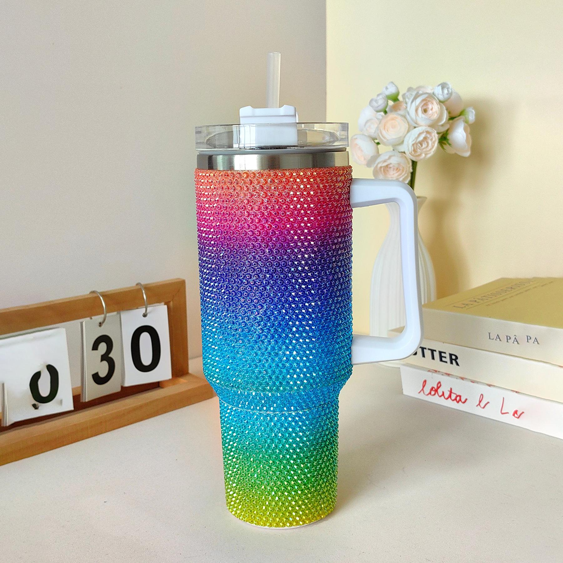 40oz Gradient Glitter Rhinestones Tumbler with Handle - Bling Stainless Steel Water Bottle for IceCoffee, CarAccessories & GymEssentials | Sparkly Diamond Studded Travel Mug for Women, Perfect Birthday Gifts