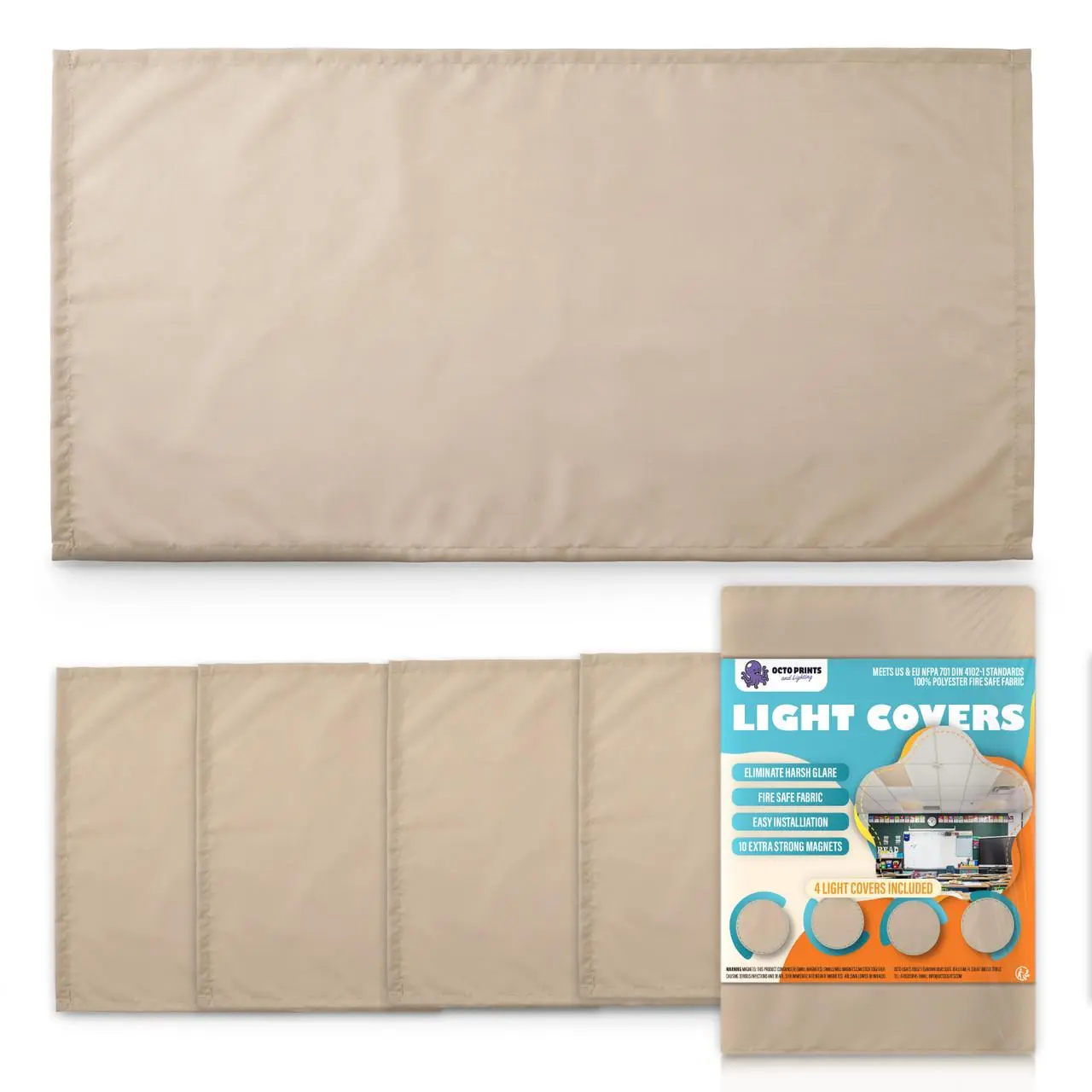 Fluorescent Light Covers for Ceiling Lights Classroom, Magnetic Fabric Light Covers for Ceiling Lights, Warm Beige Ceiling Light Covers for School, Office, Cubicle 2x4 LED Light Cover 4 Pack