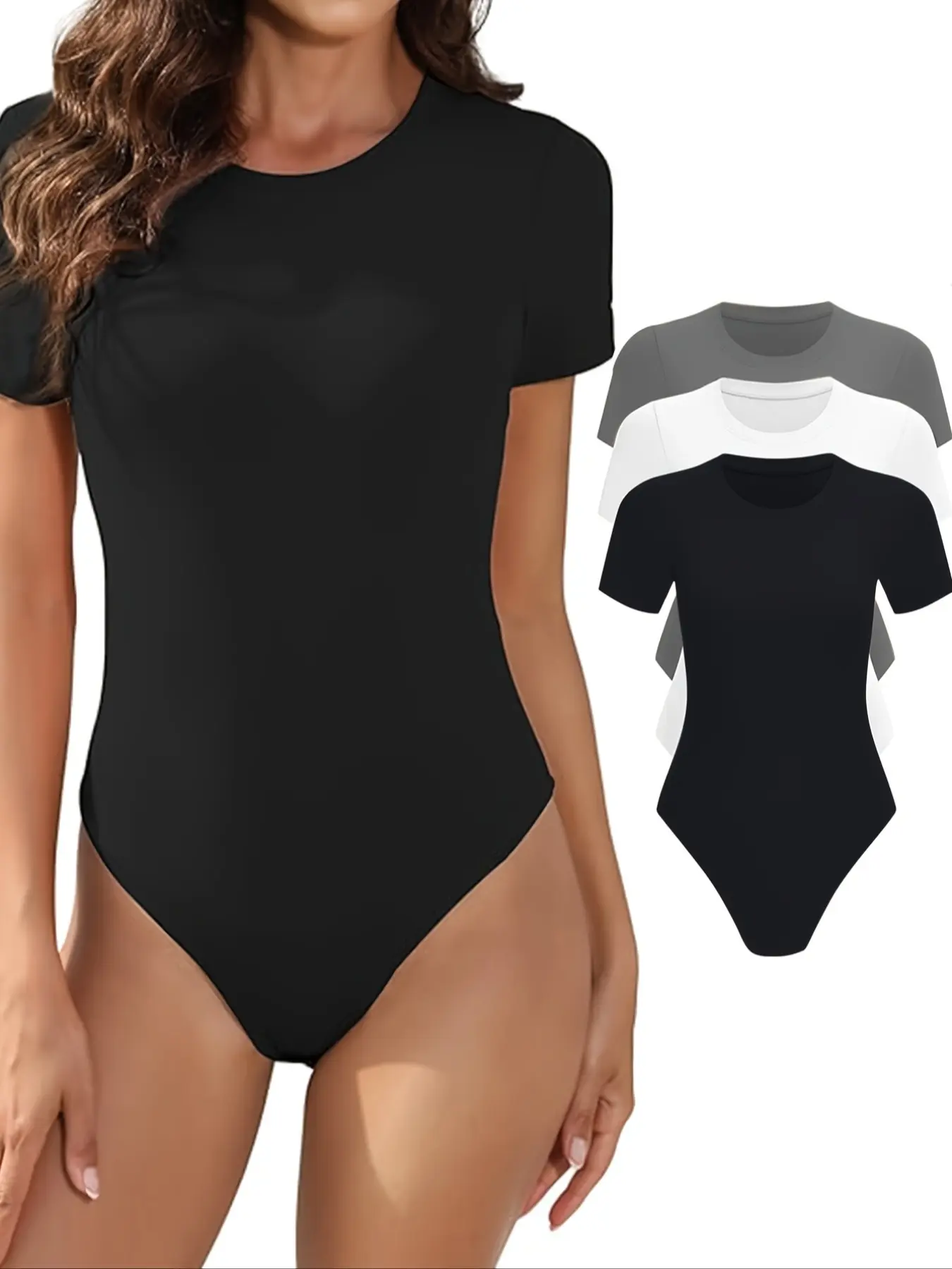 3-Piece Women's Romper Set, Short Sleeve Round Neck Basic Everyday Comfortable Breathable Stretchable Knit Fabric Commuter Innerwear, Tight-Fitting Bodysuit for All Seasons, Summer Bodysuit