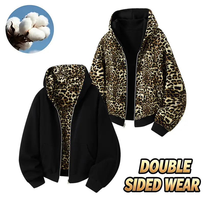 Men’s reversible double-sided zip hoodie; two ways to wear: leopard print street-style jacket; soft cotton casual outerwear; fashionable street-style zip hoodie; multifunctional double-sided sweatshirt jacket for men—an essential fashion piece for any man