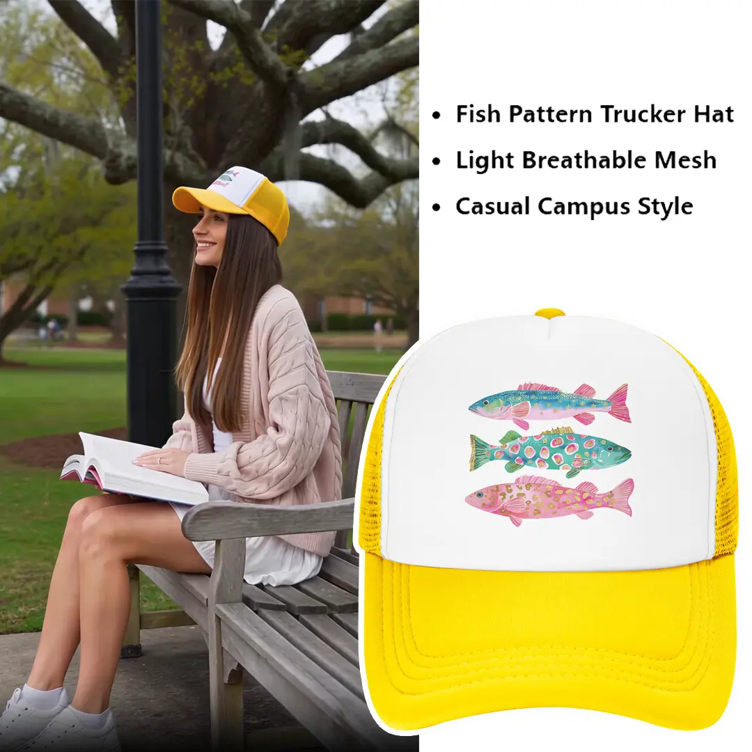 Preppy Leopard Bass Fish Foam Trucker Hat| Lake Beach Fishing Mesh Cap,Preppy Fish Trucker Hat,white trucker hat ,trucker hats women，vacation wear Cool Hats Fashionable Hats Breathable Outdoor Hat Casual Outfits Cap