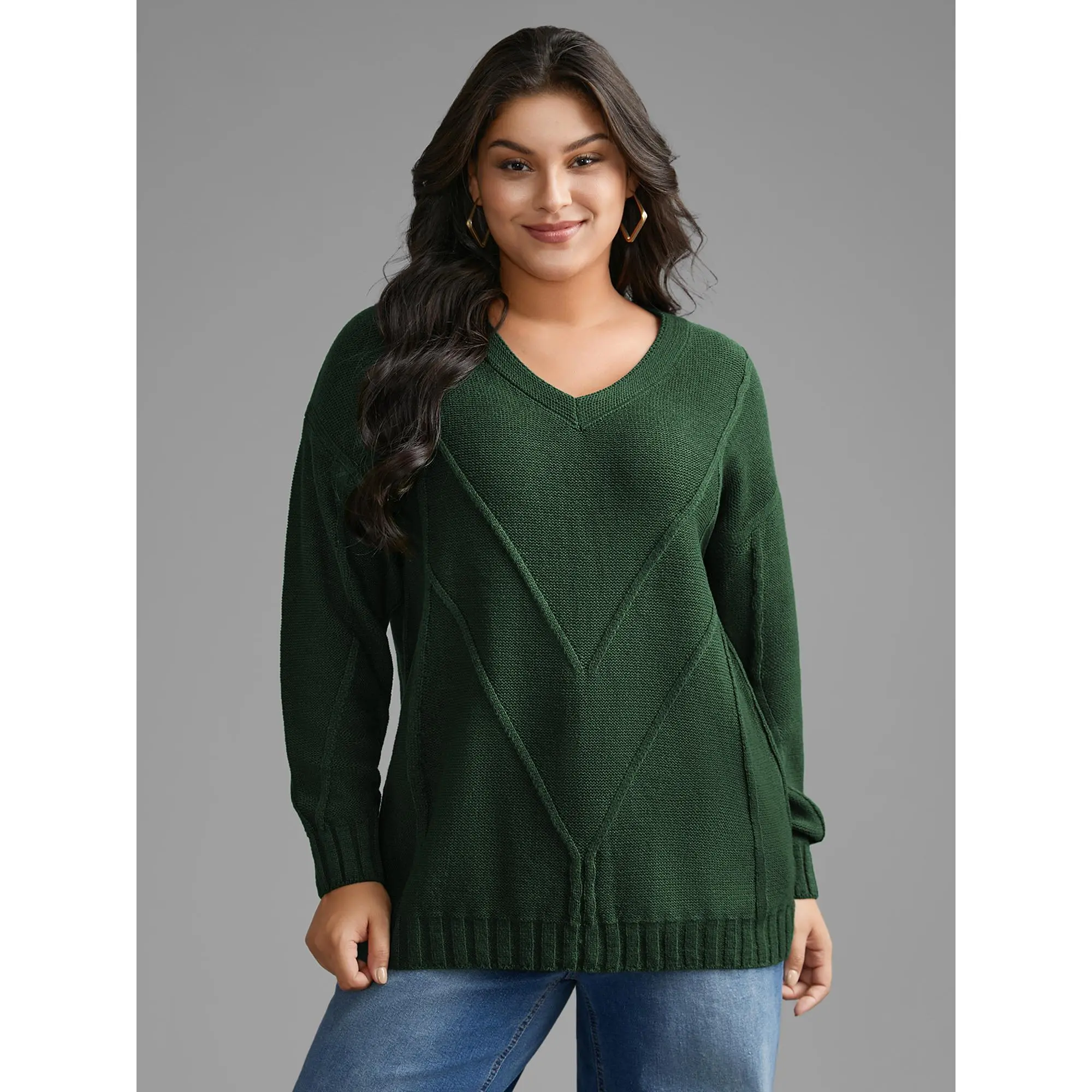BLOOMCHIC Women's Plus Size Casual Wear V-Neck Cut Cable Knit Sweater - Regular Sleeve, Solid Plain, Loose Fit, Midnight Option, M-6X Sizes, Flat Knitting Acrylic Fabric, Hand Wash Only, Do Not Dry Clean, Regular Length Top