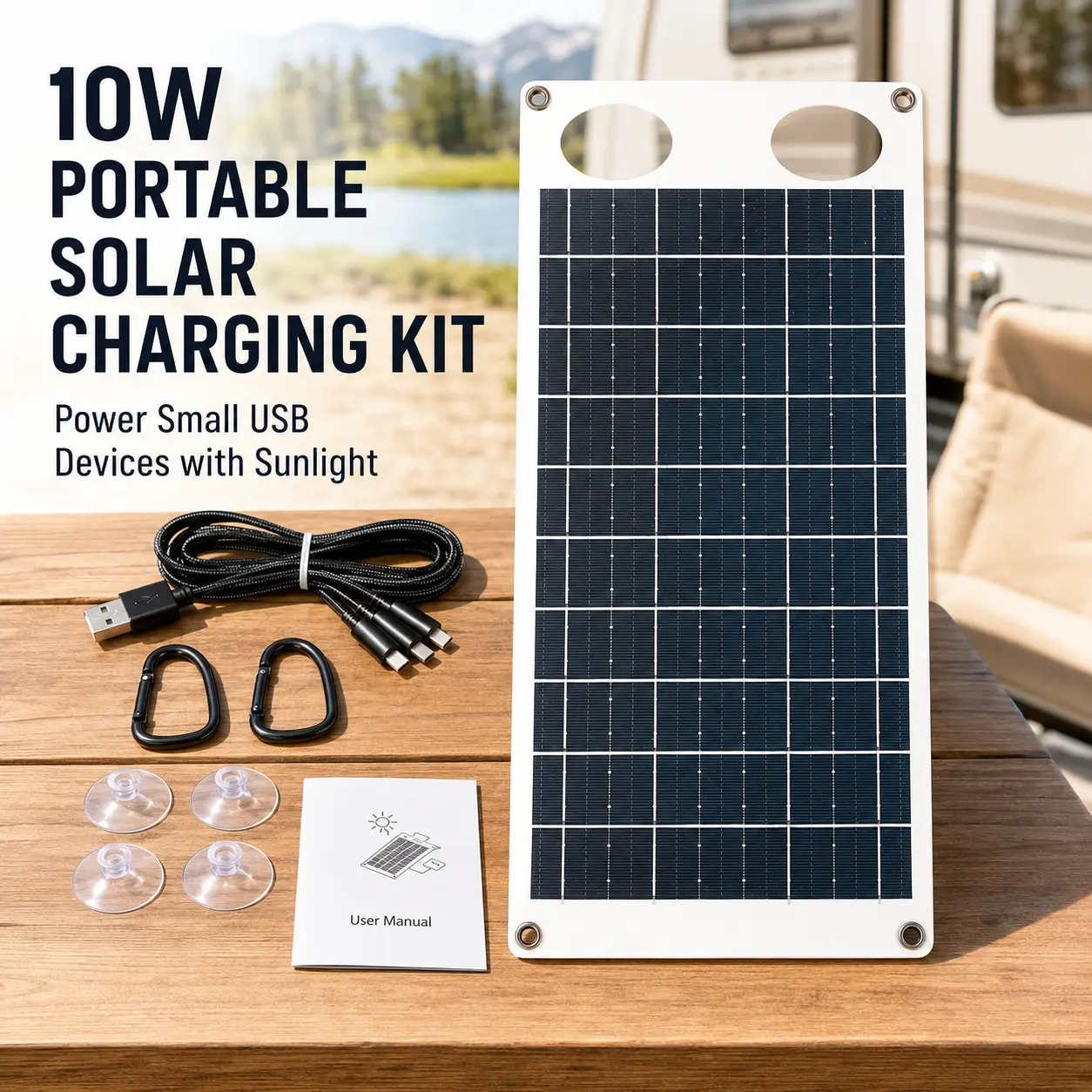 10W Capacity Portable Solar Panel Kit - Outdoor Portable Charger with USB Output, Lightweight Direct-Sunlight Charger for Camping, Hiking, Phones, Power Banks, USB Fans, Lights, Suction Cups, Hanging Rings Included, No Battery, Slim Profile