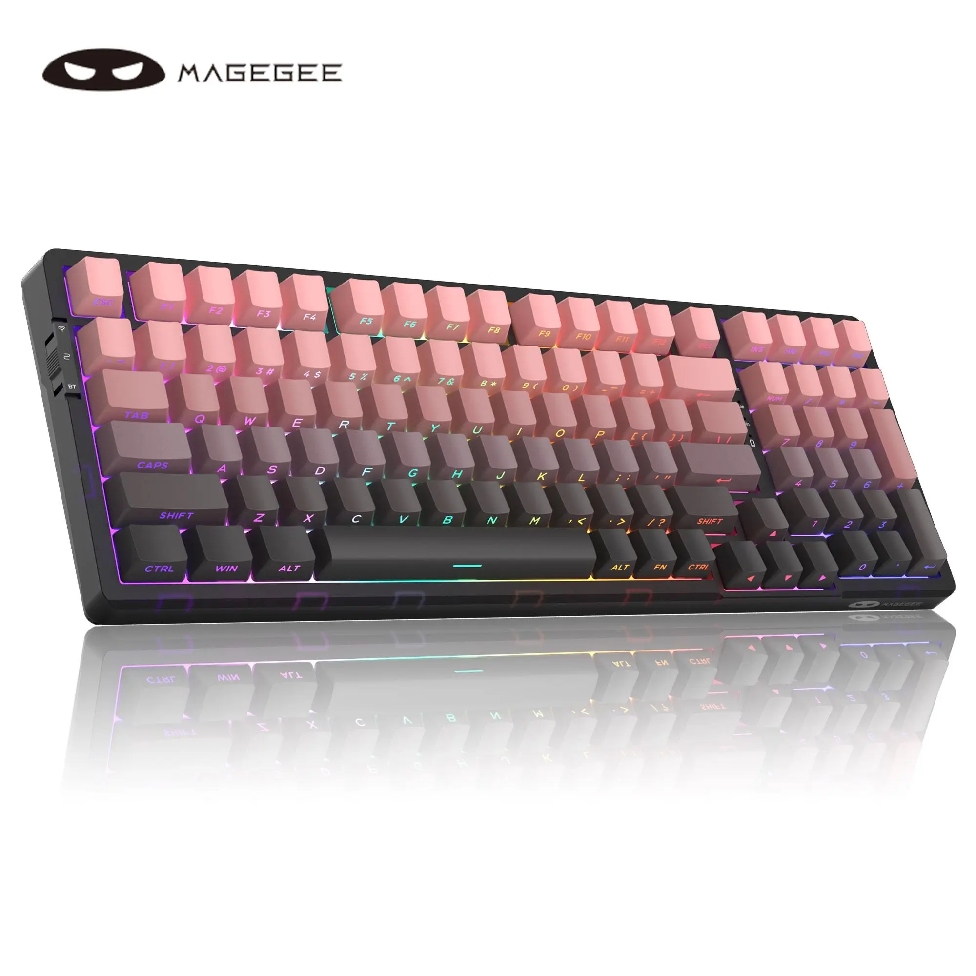 MageGee New Wireless Gasket Keyboard Light100, 99keys, Creamy sound keyboard, Silent Typing, RGB lighting, All keys hot-swappable, Customized pre-lub linear switches,  PBT Side-Printed keycaps, large capacity battery @8000mAh, Supports 2.4G/ BT /wired