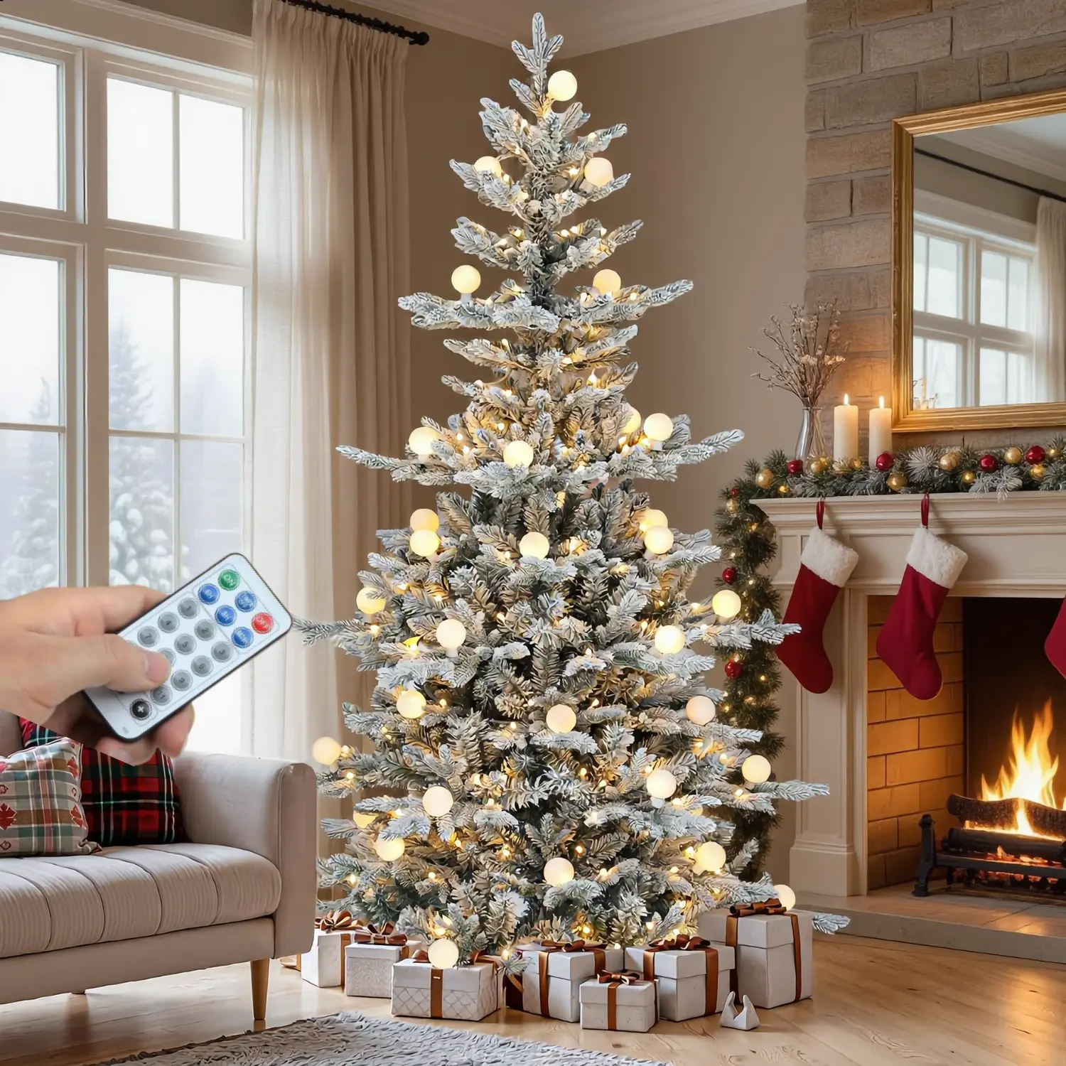 YITAHOME 6/7.5FT Prelit Flocked Layered Artificial Christmas Specialty Tree, Hinged PE & PVC Mixed Tips, Remote-Controlled Color Changing Light-Up Tree with Warmwhite Option, 11 Modes, Removable Lampshade, Home Decor Light Decor Decoration