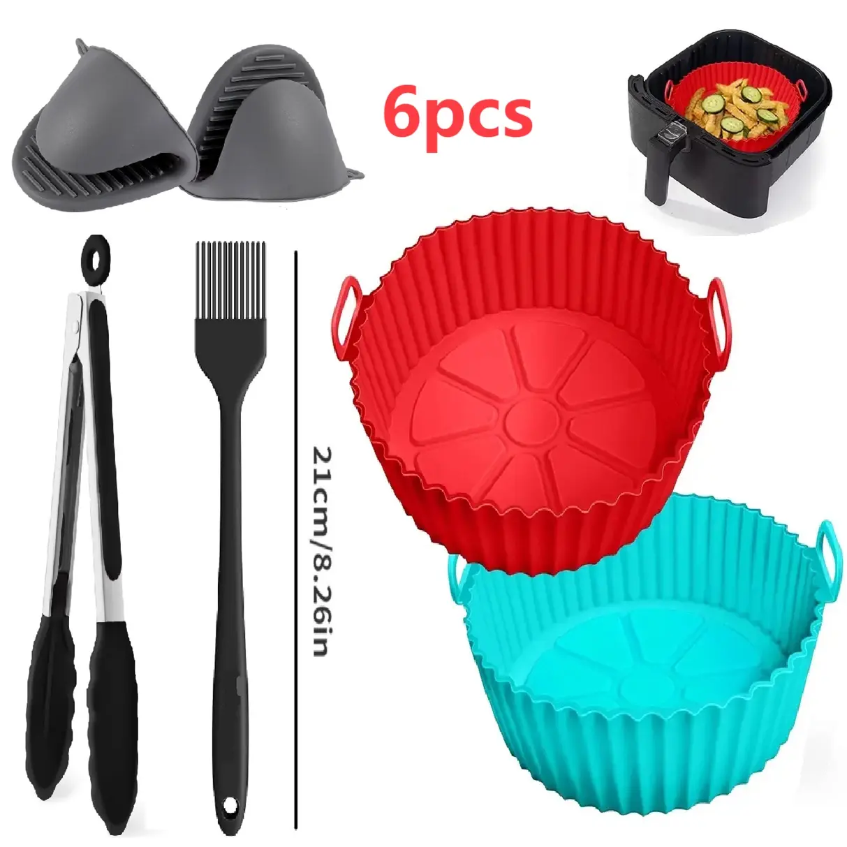 6 Silicone Air Fryer Liner Trays - 3-5 QT Basket Bowl Accessories, Parchment Paper Replacement, Reusable, Red+Blue, Includes Heat-Resistant Gloves, Clip & Scraper