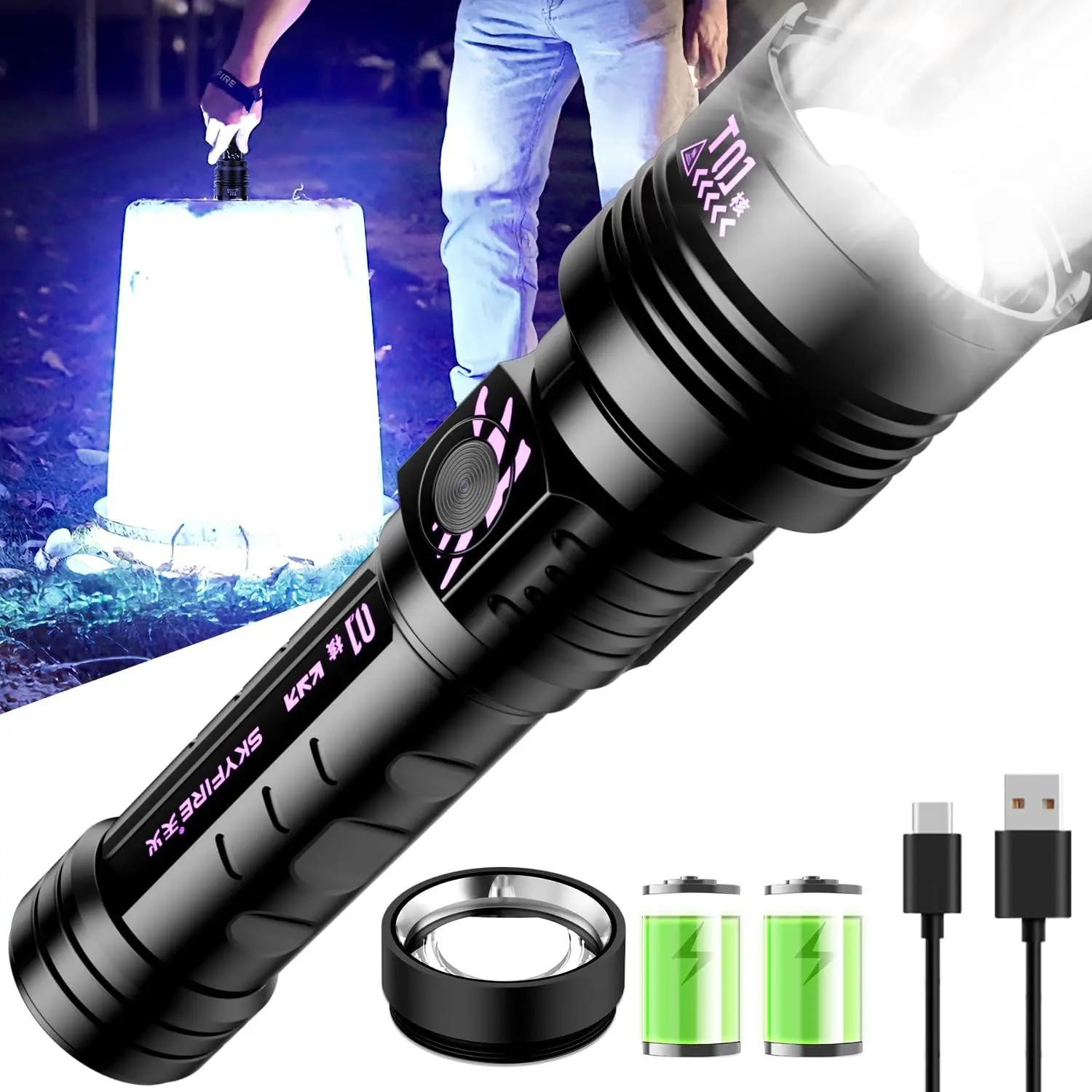 SKYFIRE 3000 Lumens 10000mAh Super Bright Tactical Flashlight Rechargeable LED Flashlight with Ignition Lens Zoomable 5 Modes Waterproof High Lumen Camping Emergency Survival Gift for Dad Father's Day