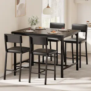 Dining Table Set for 4 with Footrest – 5‑Piece Kitchen Table Set with Corner Protector – Counter Height Table with 4 Upholstered Bar Stools – for Apartment, Pub