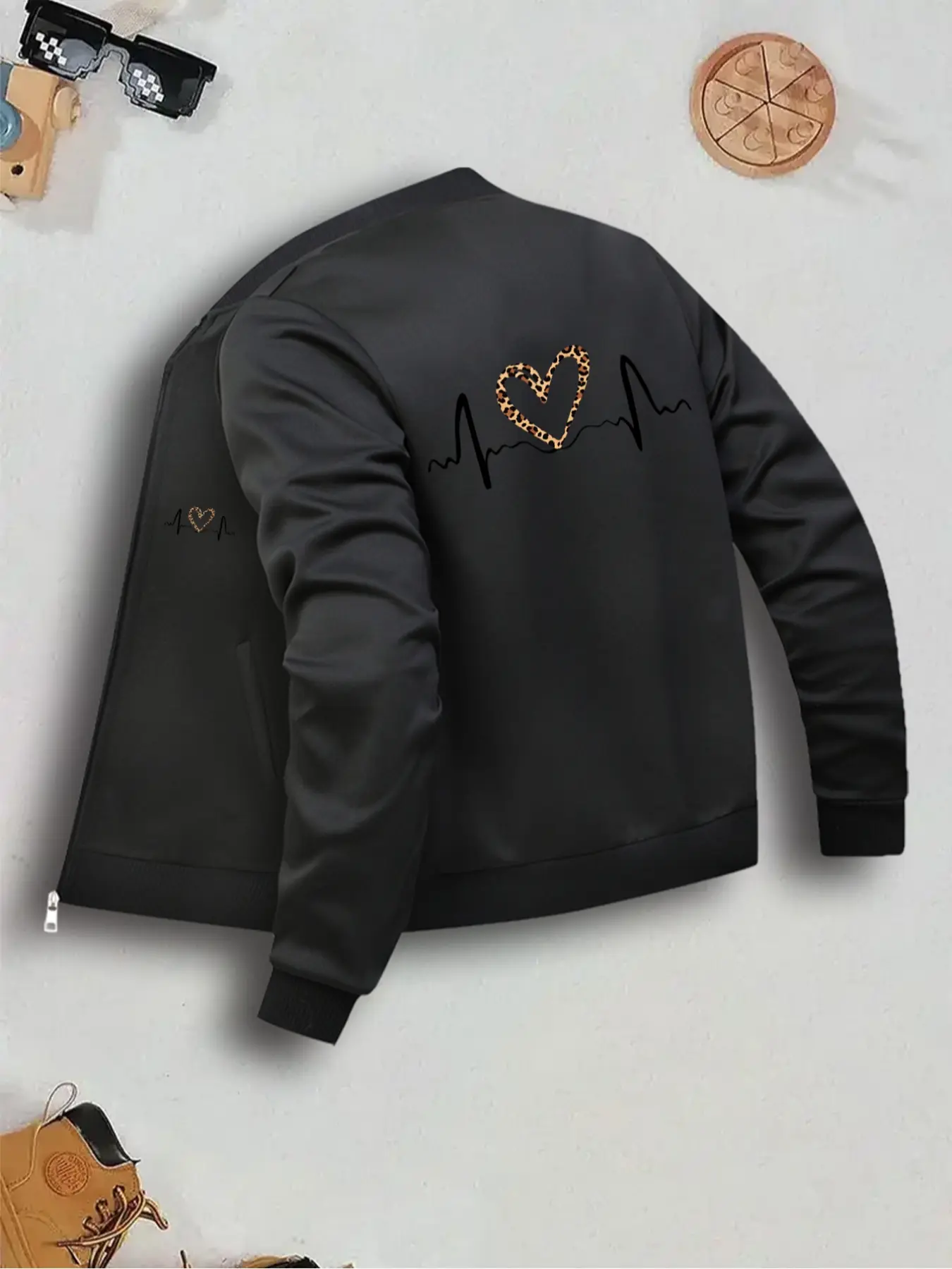 Women's Leopard Print Heart Pattern Baseball Jacket, Casual Street Style Long Sleeve Coat, Fitted Pockets, Fall & Winter Fashion Outerwear, Womenswear