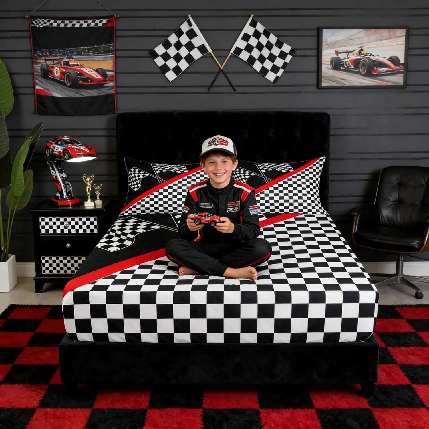 Racing Car Bedding Set,Race Car Flag Extreme Sports Fitted Sheet Bedroom,Geometric Grid Black White Check Microfiber Soft Bed Cover,1