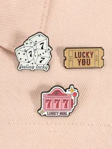 3pcs/set Lucky Number 777 Enamel Pins Creative Designs Pink Slot Machine Jackpot Dice Stamps Lucky Girl Lucky You Alloy Material Brooches Lapel Backpack Badge Fashion Jewelry Accessories Gifts for Friends Versatile Use Enamel Finish
