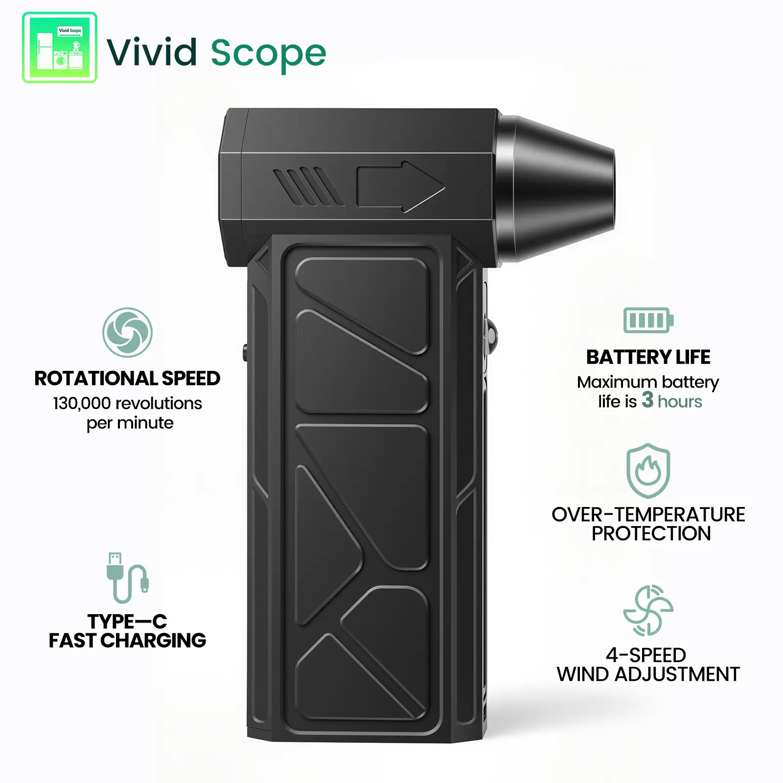 Powerful Turbo Fan  130,000 RPM Cleaner Set with 4 Attachments Mini Portable Jet Fan High Speed Spinning Type-C Rechargeable Clear Fan for Cars Computers Keyboards and Lenses Cordless Blower