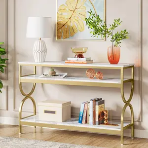 LITTLE TREE 3-Tier Console Table, 55 inch Sofa Table with Open Storage Shelves, Narrow Long Hallway/Entryway Table with Faux Marble Top for Home Living Room Entryway