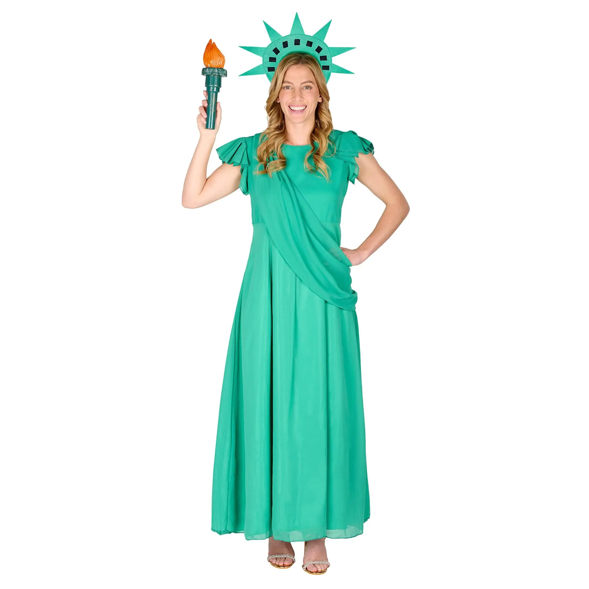 Women's Lady Statue of Liberty Inventive and Inspiring Multi-Size Costume Set - Fabric Dress, Headpiece Included, Fashion Cosplay Outfit for Halloween, Party Events