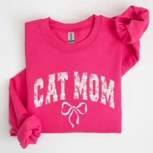 Cat Mom Coquette Sweatshirt, Pink Bow Cat Mom Shirt, Soft Girl Era Crewneck for Women, Girly Aesthetic Cat Lover Sweater - EVA RAMOS