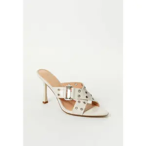 JUSTFAB Women Open-Toe Slides Heeled Sandal Slip on Summer Buckle Heels Summer Mules Dance Walking Shoes