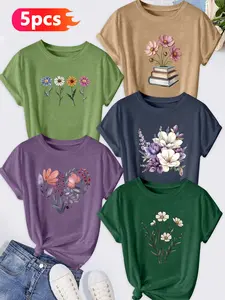 5Pcs Women's Crew Neck T-Shirts, Daisy & Watercolor Floral Print, Multiple Colors Available, Machine Washable, Spring & Summer Tops, Soft Skin-Friendly Fabric, Daily Versatile, Casual, Fashion Design, Womenswear