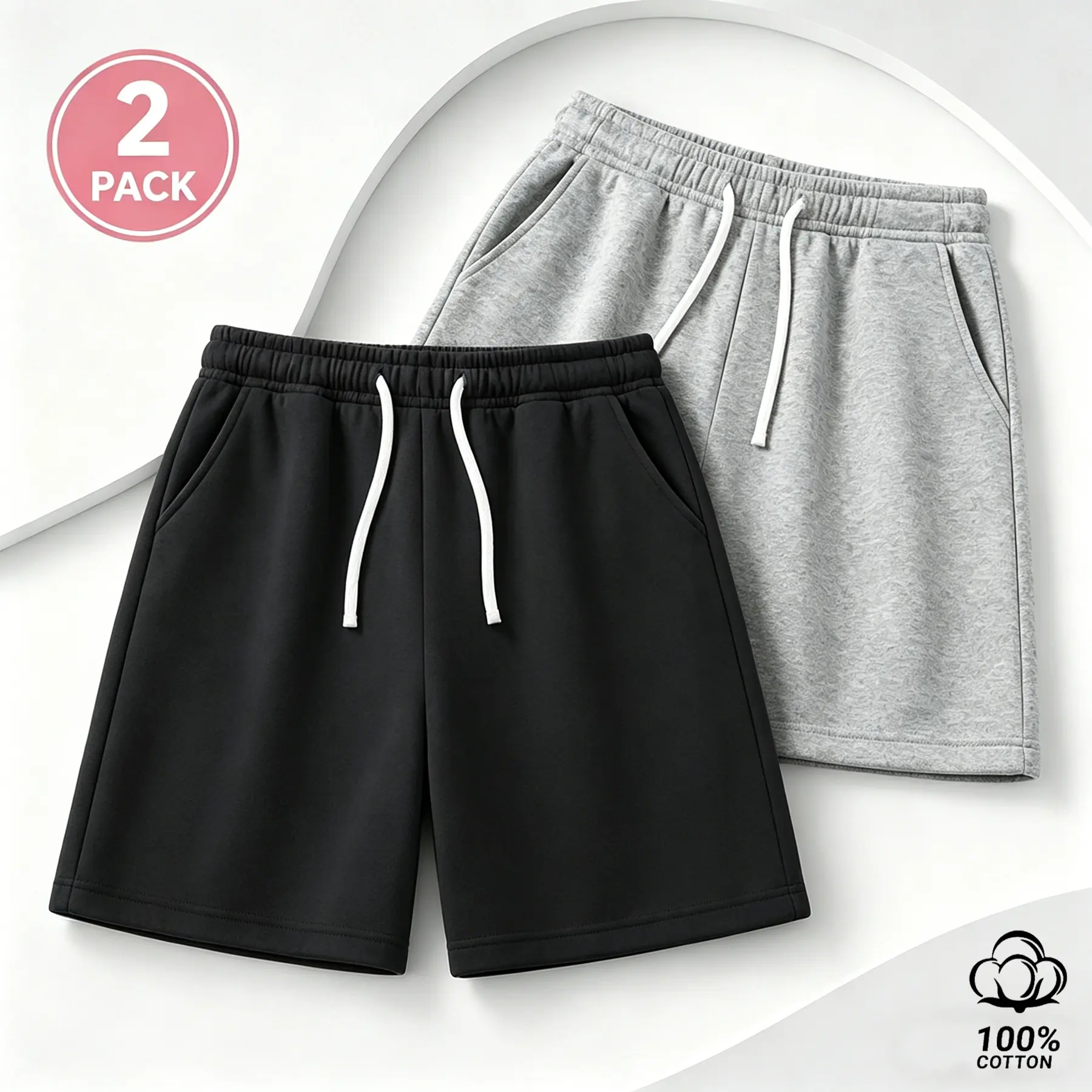 Men's 100% Cotton 2-Pack Sweat Shorts - Relaxed Straight Fit, Plain Matte Soft Black, Elastic Waist with Drawstring, Summer Urban Casual Bottoms