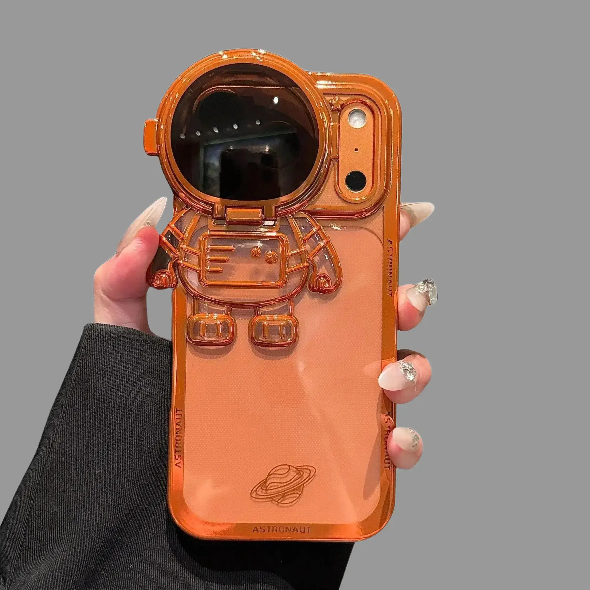KusenCase Astronaut Design Transparent Silicon Smartphone Cover - Cellphone Protection for IP17 Pro Max, IP16, IP15, IP14, IP13 Pro Max, 3D Fun Stand View, Starlight Orange, Shockproof Customized Mobile Accessory