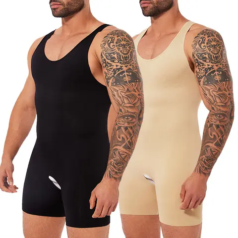 CATTIBOR Mens 1-3 Pack Sleeveless Open Crotch Bodysuit - Nylon Spandex Compression Shapewear for Tummy Control, Sports, Workout, All-Season Wear Underwear Vest