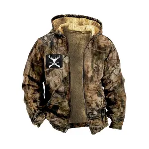 [Camo |   Warm] Warm Camo Hooded Jacket |   Men's Zip-Up Sweatshirt with Fleece Lining, Casual Leaf Print Design, Multiple Pockets, Adjustable Hood, Polyester Blend, Easy to Match for Casual Attire