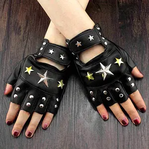 Womens Fingerless Leather Gloves Star Studded Dancing Driving Rock Punk Cool
