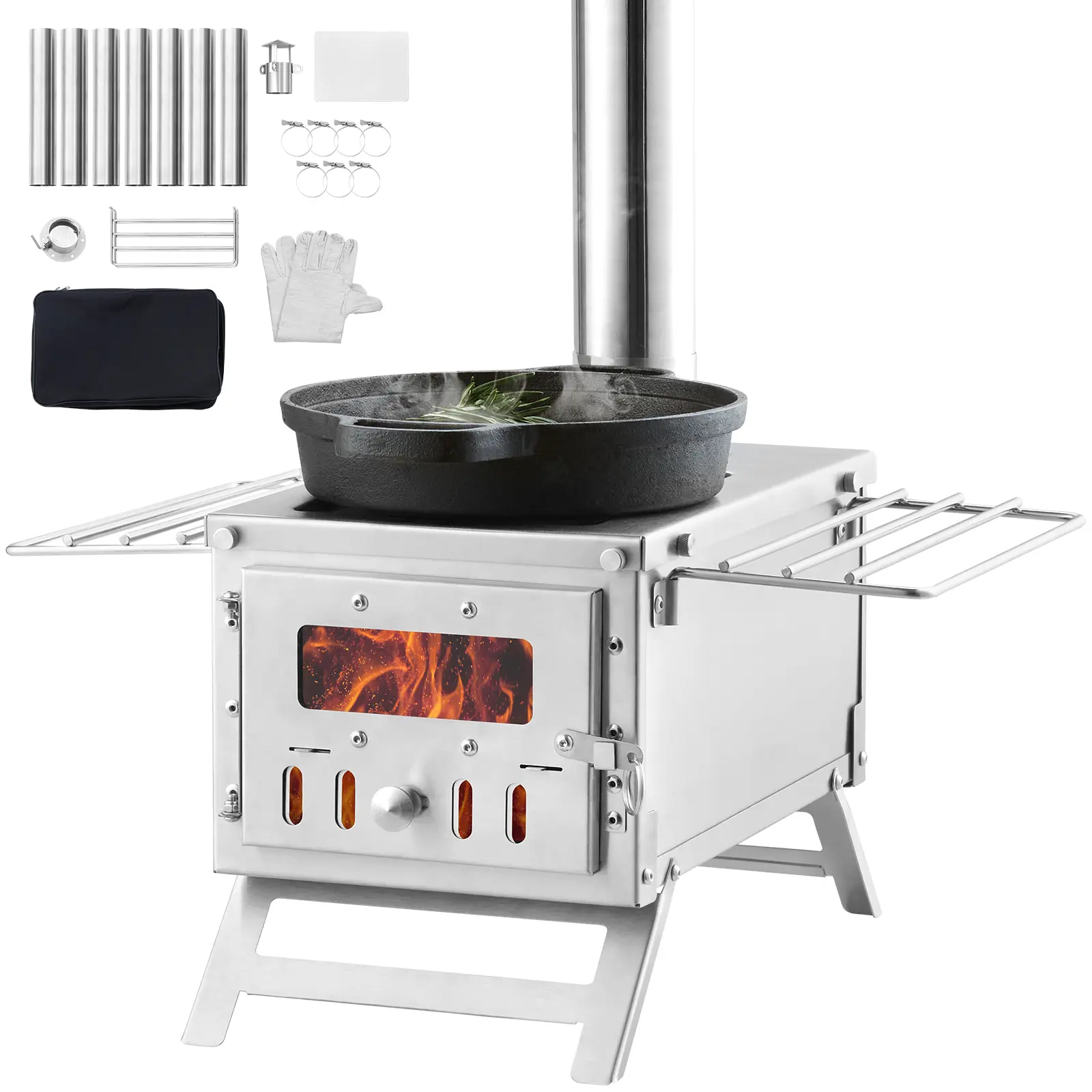 【summerfinds】VEVOR Wood Stove, 80 inch, Stainless Steel Camping Tent Stove, Portable Wood Burning Stove with Chimney Pipes & Gloves, 700in³Firebox Hot Tent Stove for Outdoor Cooking and Heating with 8 Pipes