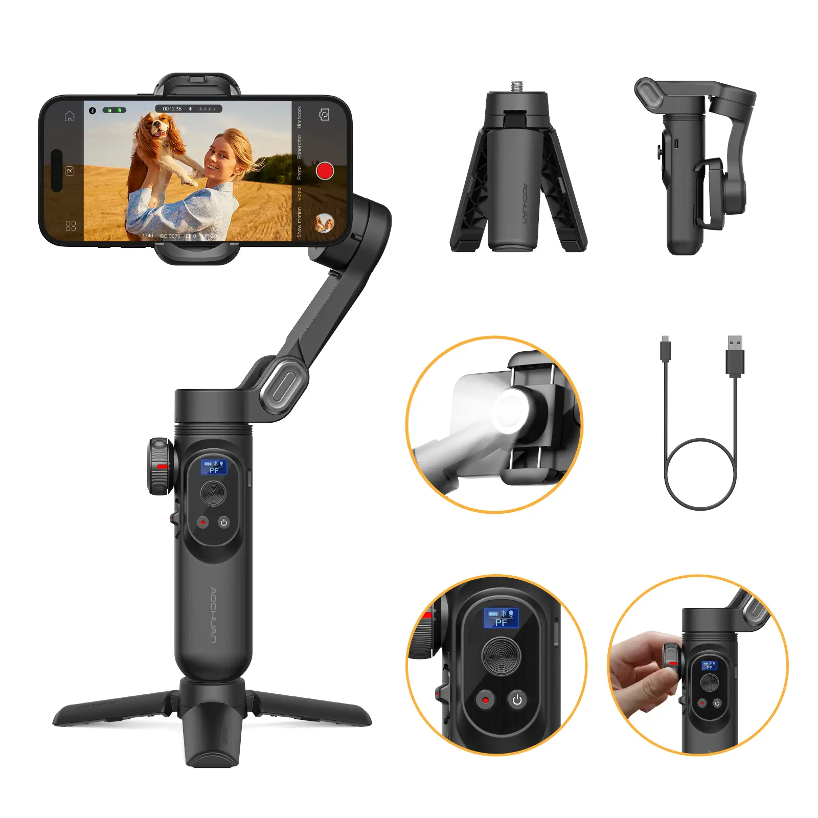 AOCHUAN Gimbal Stabilizer for Smartphone, Automatic Face Tracking Gimbal w/Wireless Charging iPhone Gimbal for iPhone 15 Pro Max/Android Foldable 3-Ax