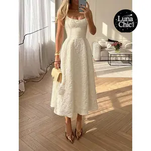 Elegant Solid Color French High-End Elegant Lightweight Party Dress, Sleeveless Cinched Waist Slim Midi Dress, Apricot