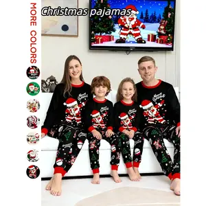 Family Matching Pajamas Set, Cartoon Sunglasses Letter Print Top, Striped Pants, Casual Fitted Sleepwear
