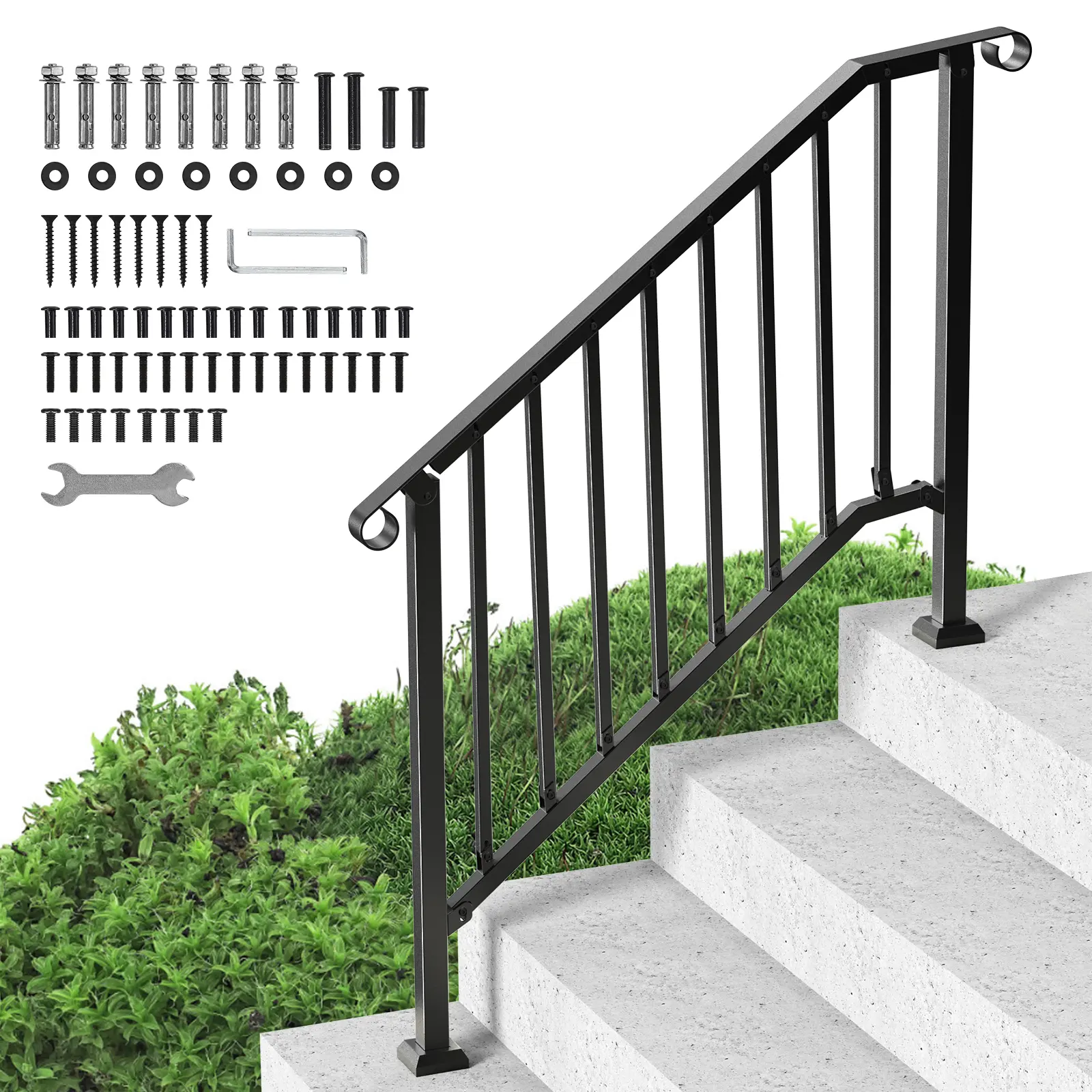 【Summerfinds】VEVOR Retro Arch Style Black Powder-Coated Metal Outdoor Safety Handrail Kit for 3-4 Steps, Adjustable, 220 lbs Capacity, Easy Installation with Nuts & Screws, Enhanced Stability, for Seniors, Fits Concrete Steps, Garden