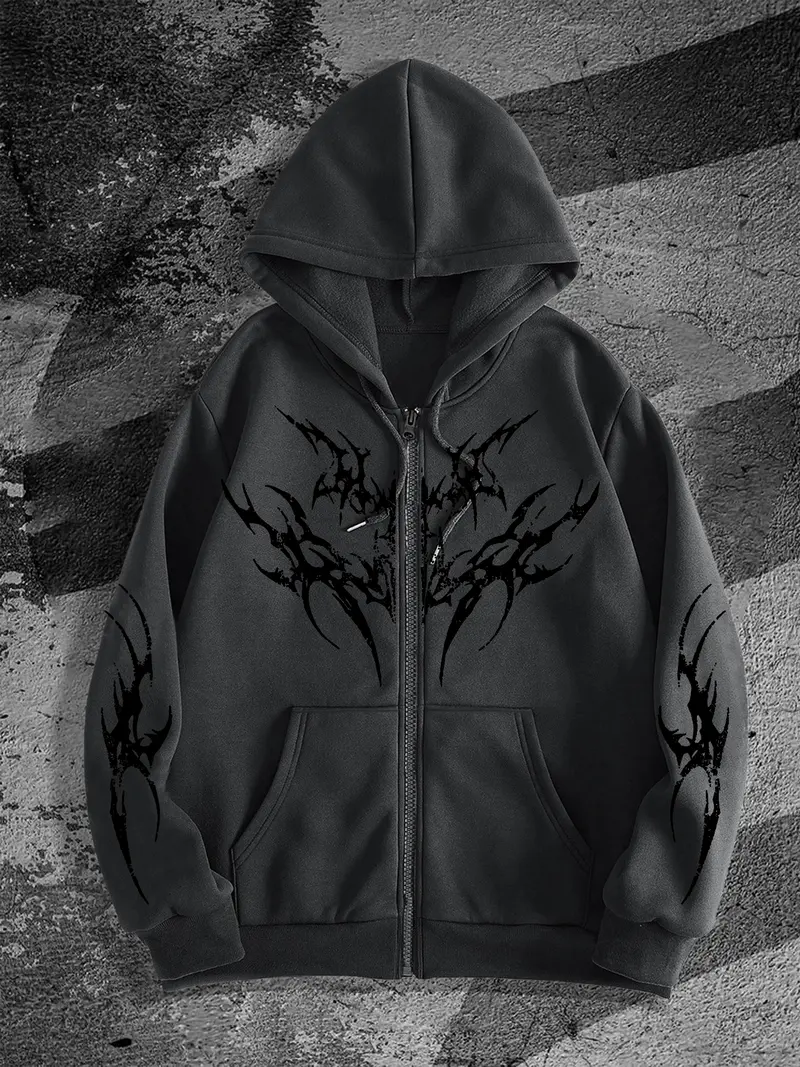 Y2K Gothic Dark Style Printed Zipper Hoodie, Fashion Streetwear for Casual Occasions, Fall & Winter New Arrival