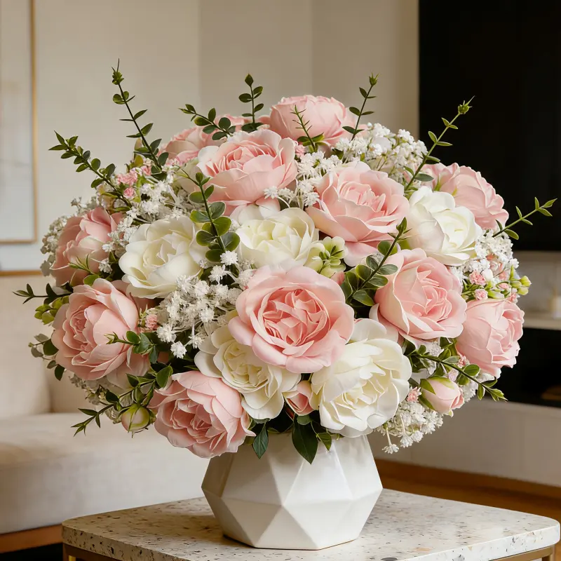 Mixed faux pink and white peony bouquet with baby's breath and eucalyptus, Decorative bouquet, Decorative artificial flowers, Artificial Flower Decorations, suitable for home decoration, holiday decoration, photography props, wedding decoration